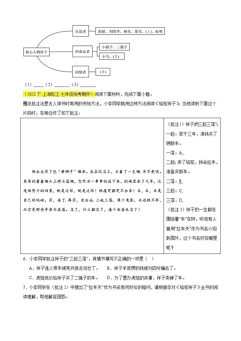 专题08 名著阅读之《骆驼祥子》（必考题型）18题-备战2023-2024学年七年级语文下学期期中真题分类汇编（上海专用）（原卷版）第3页