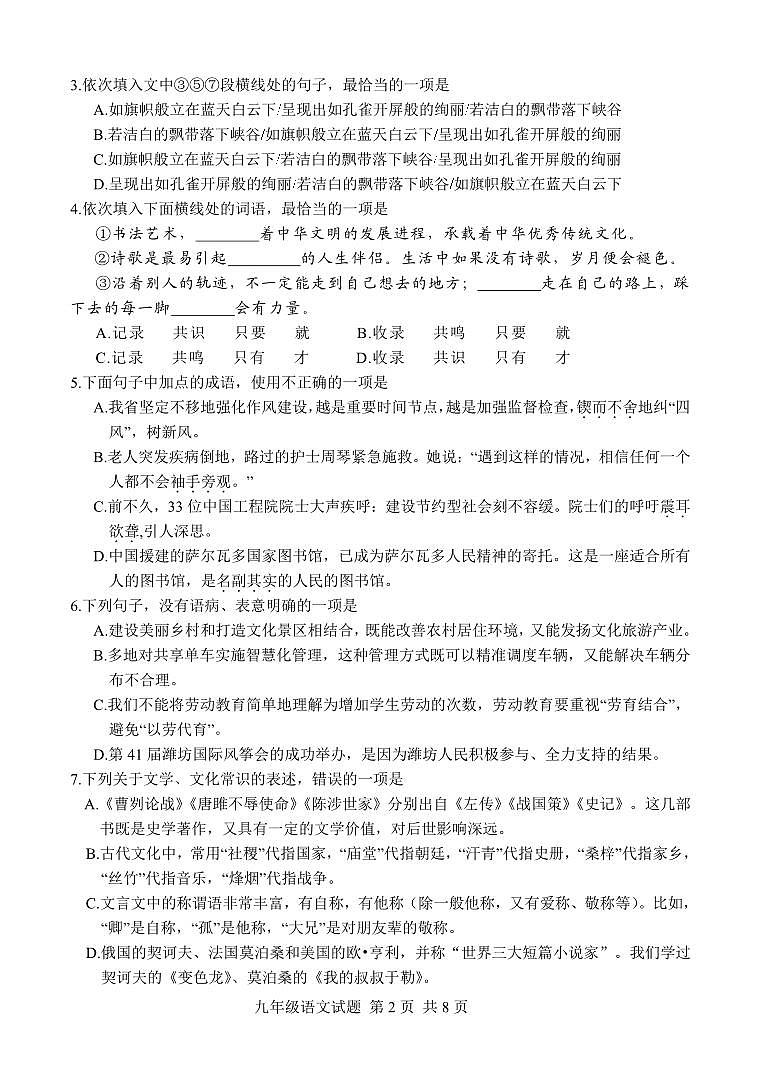 2024年山东省潍坊安丘市高密诸城市中考二模语文试题02