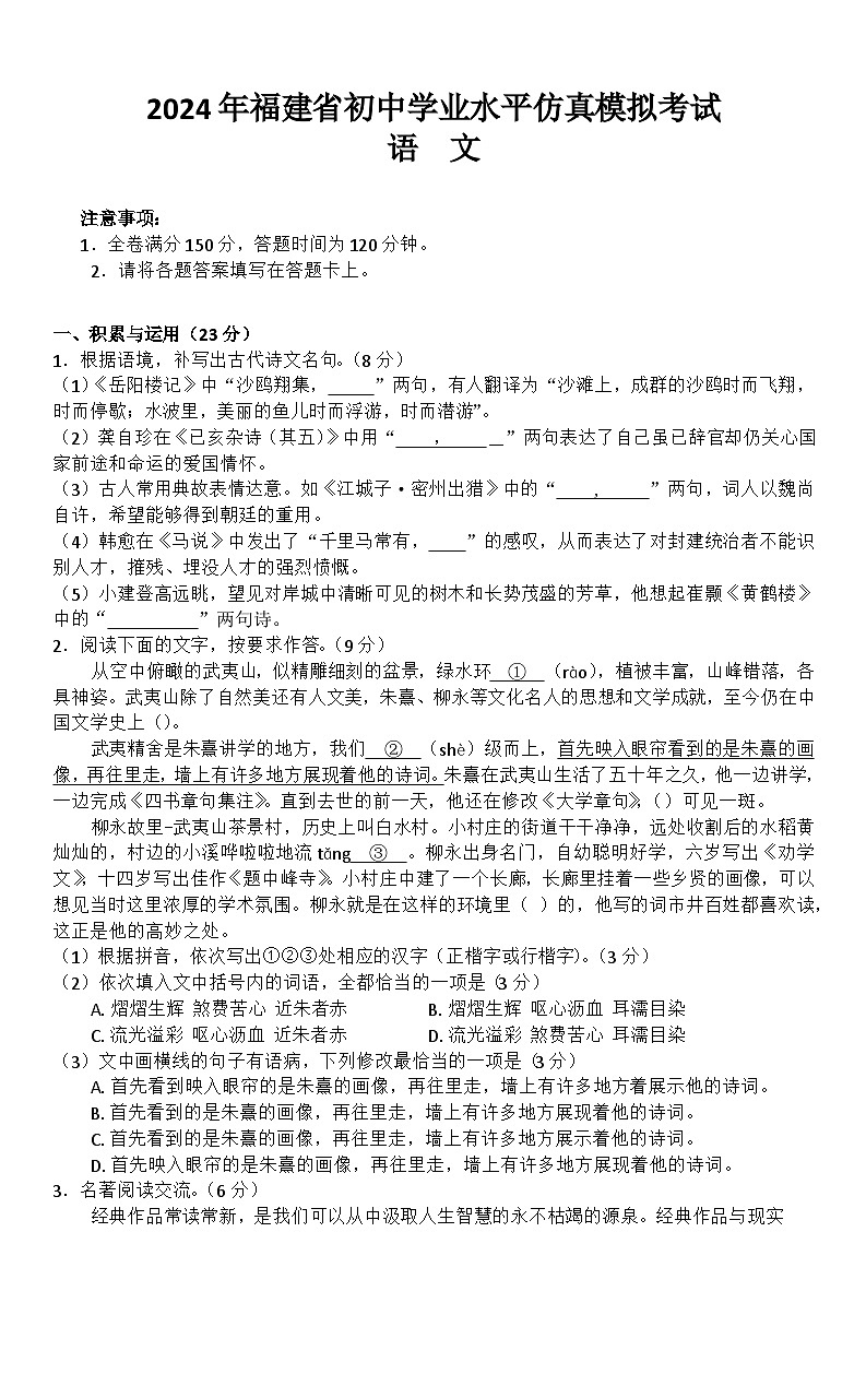 2024年福建省初中学业水平仿真模拟考试语文试题01