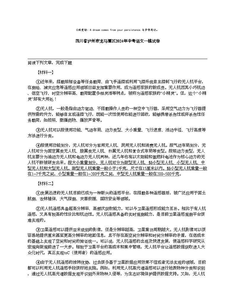 四川省泸州市龙马潭区2024年中考语文一模试卷01