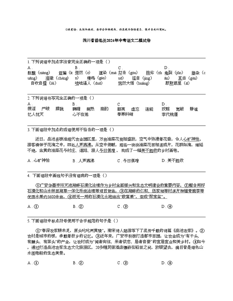 四川省岳池县2024年中考语文二模试卷01