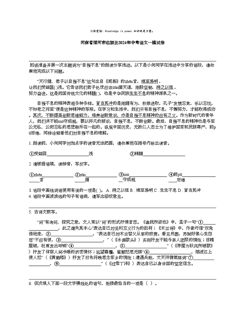 河南省漯河市临颍县2024年中考语文一模试卷01