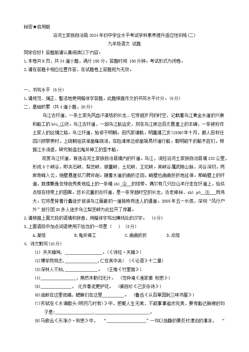 2024年贵州省铜仁市沿河土家族自治县中考二模语文试题01