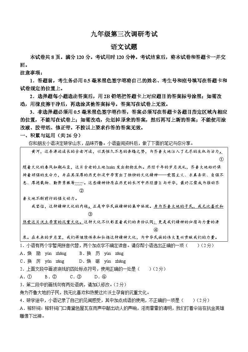 2024年山东省枣庄市薛城区中考三模语文试题第1页