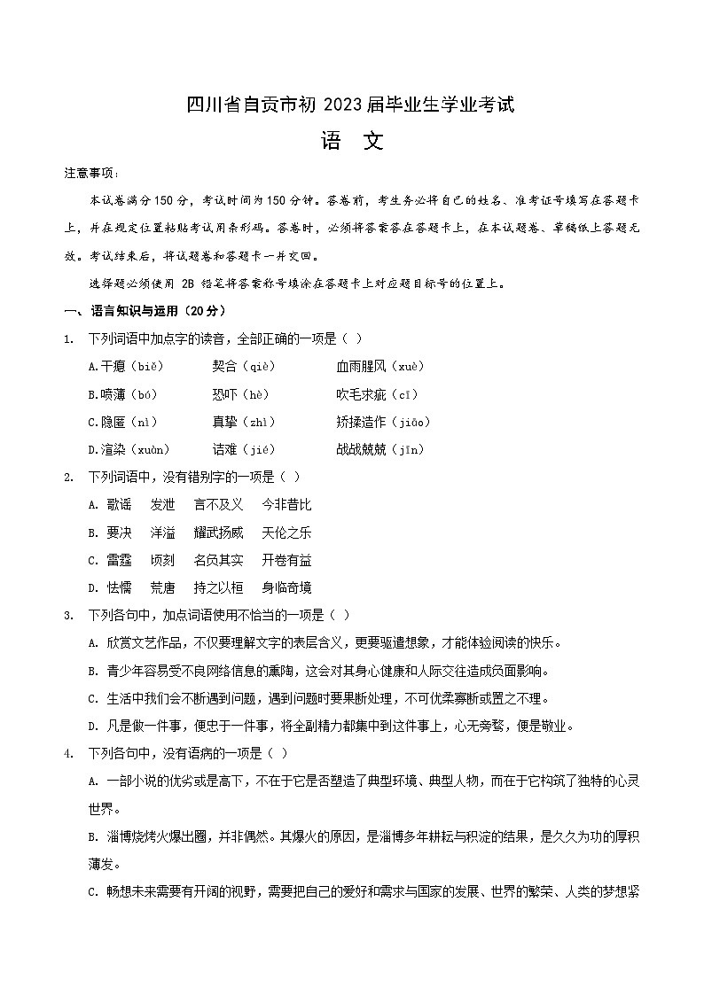 2023年四川省自贡市中考语文试卷（含答案与部分解析）01