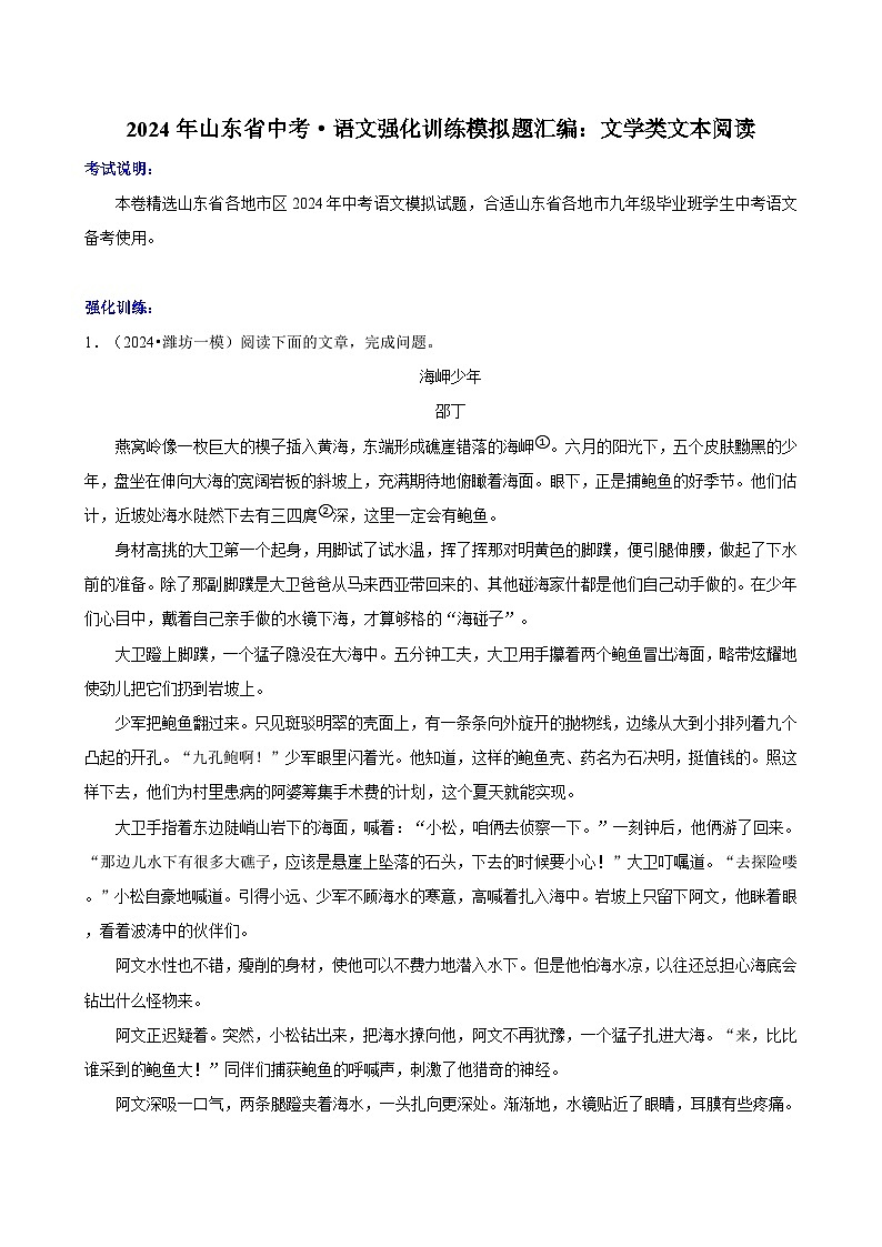 2024年山东省中考·语文强化训练模拟题汇编：文学类文本阅读01