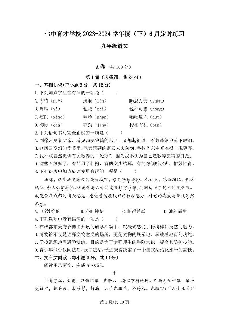 2024年四川省成都市七中育才学校中考三模语文试题01