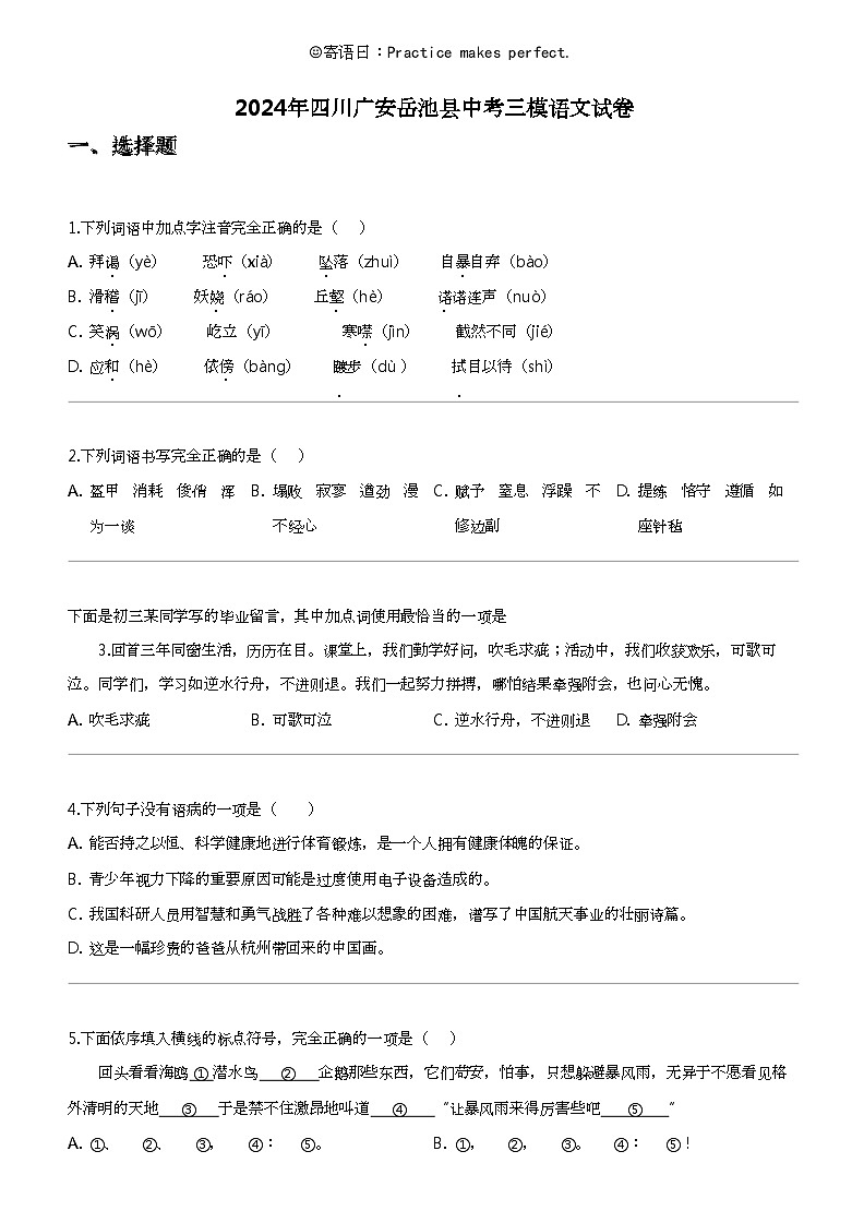2024年四川广安岳池县中考三模语文试卷01