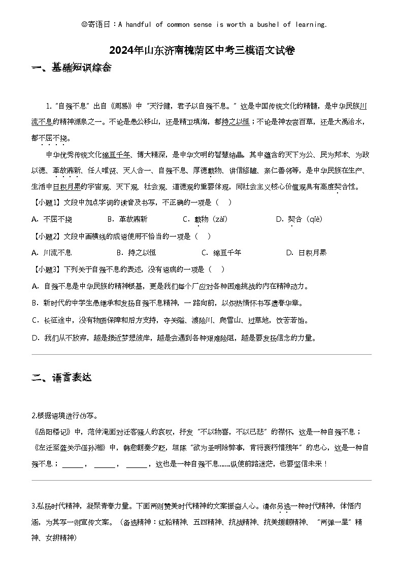 2024年山东济南槐荫区中考三模语文试卷01