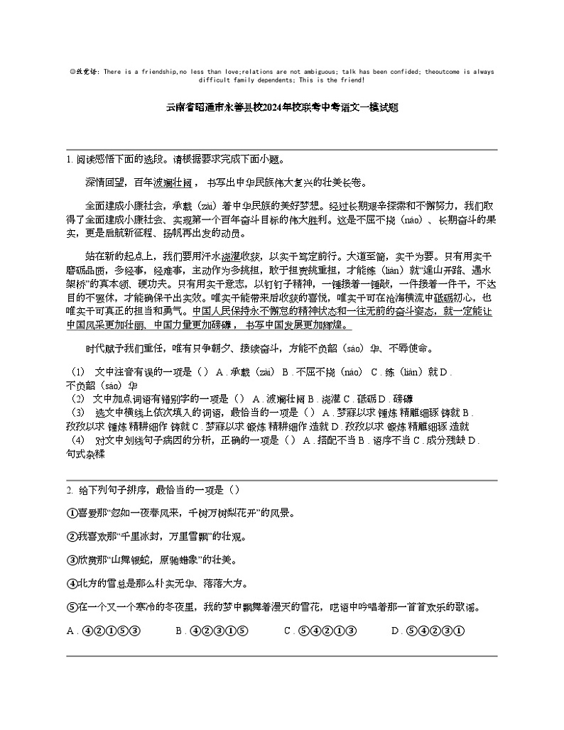 云南省昭通市永善县校2024年校联考中考语文一模试题01