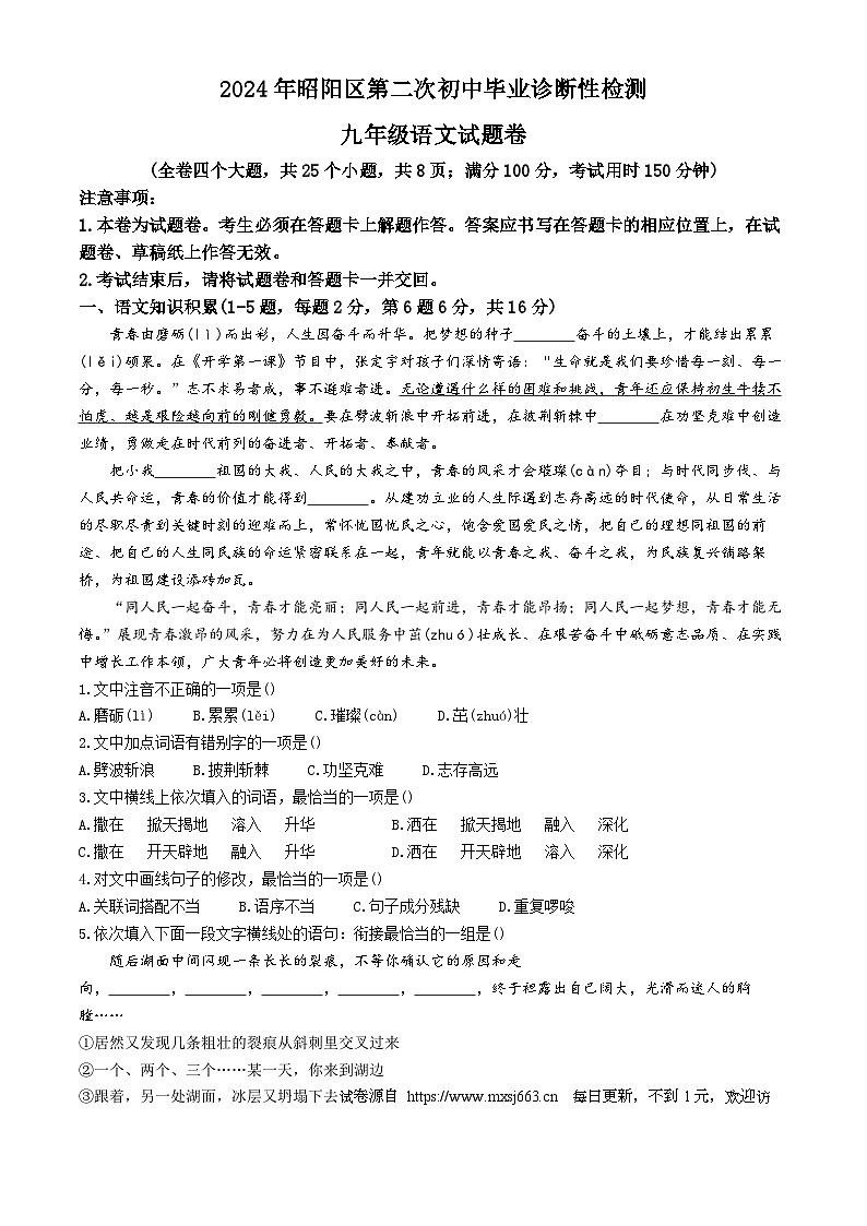 2024年云南省昭通市昭阳区中考二模语文试题01