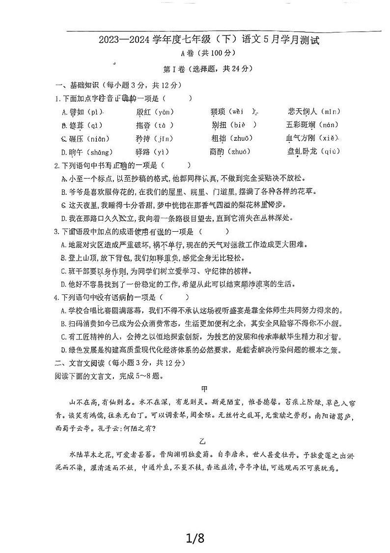 四川省成成都市实外西区学校2023-2024学年七年级下学期6月月考语文试题01