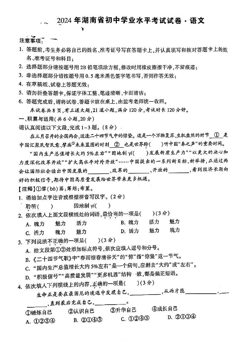2024年湖南省益阳市桃江县多校联考中考三模考试语文试题第1页
