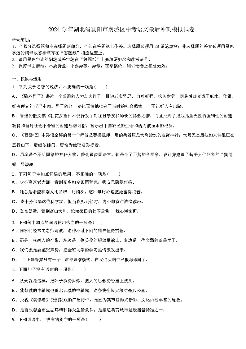 2024学年湖北省襄阳市襄城区中考语文最后冲刺模拟试卷（解析版）01