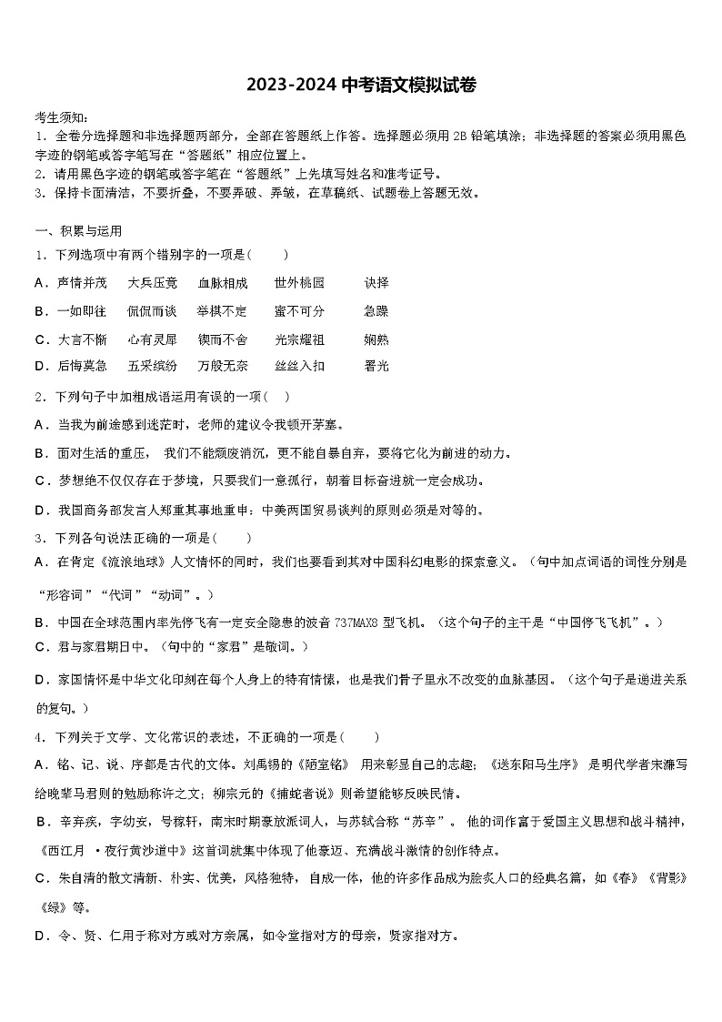 宁夏银川市兴庆区唐徕回民中学2023-2024学年中考语文对点突破模拟试卷（解析版）01