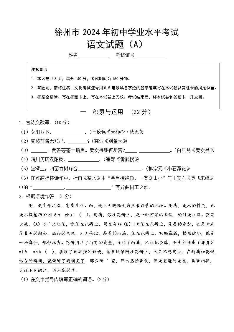 2024年江苏省徐州市中考模拟语文试题A卷（含答案）01