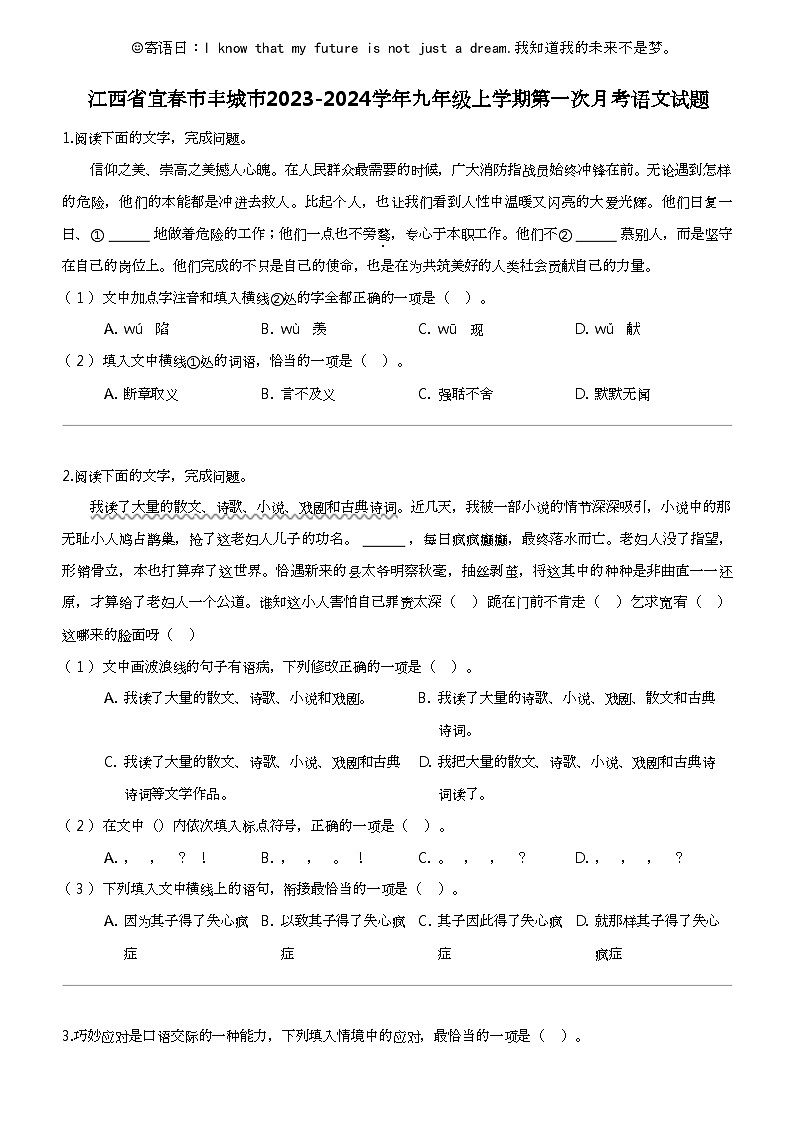 江西省宜春市丰城市2023-2024学年九年级上学期第一次月考语文试题01
