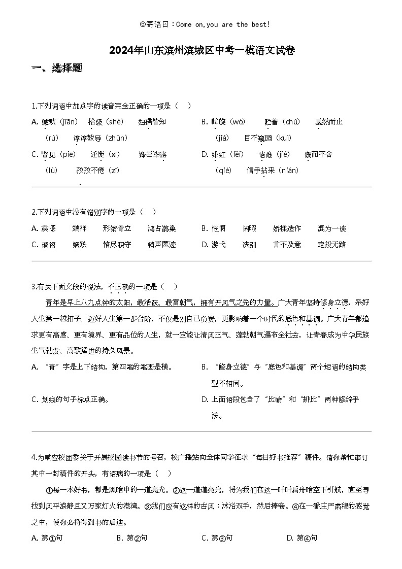 2024年山东滨州滨城区中考一模语文试卷01