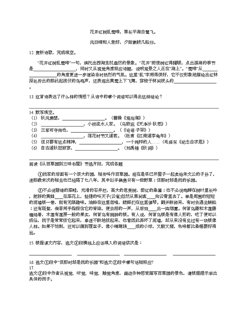 四川省南充市顺庆区2023-2024学年七年级上学期语文教学质量检测试卷03