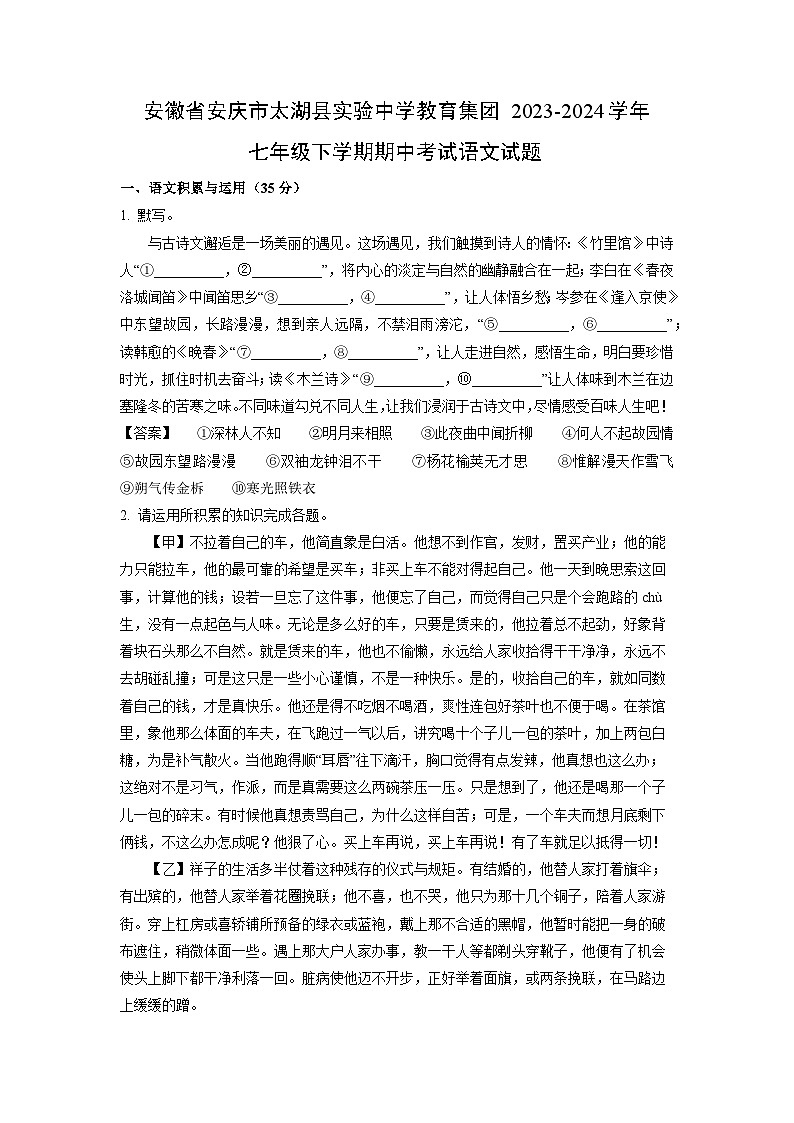 语文：安徽省安庆市太湖县实验中学教育集团2023-2024学年七年级下学期期中考试试题（解析版）01