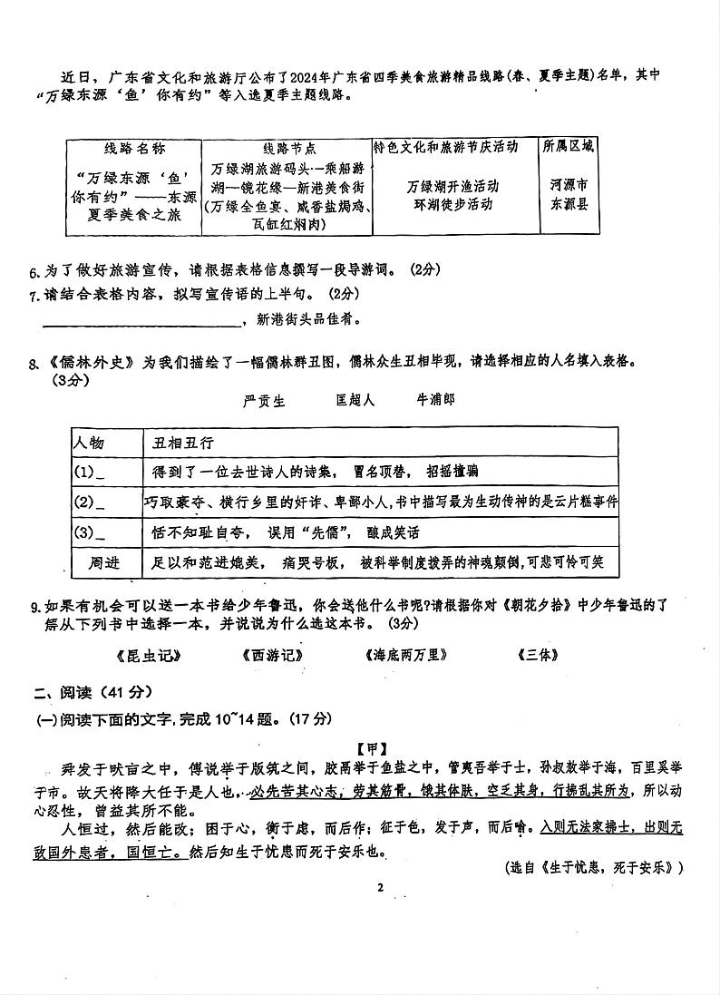 2024年广东省汕头市汕樟中学中考第二次模拟考试语文试卷02