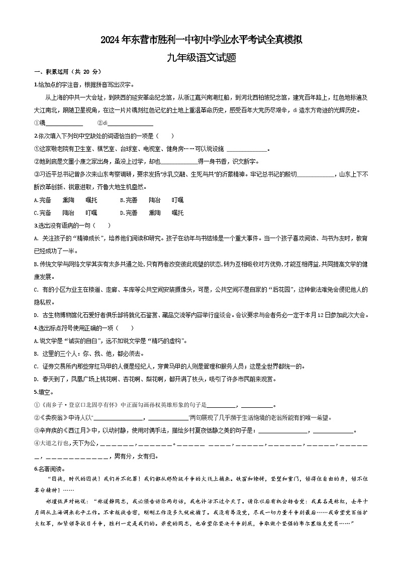 2024年山东省东营市胜利第一初级中学初中学业水平考试模拟语文试题01