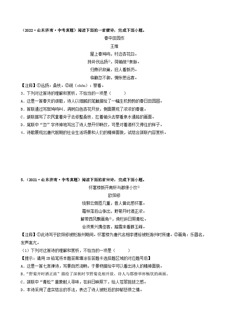 押济南卷第12-13题  诗歌阅读-备战中考语文临考题号押题（山东济南卷）02