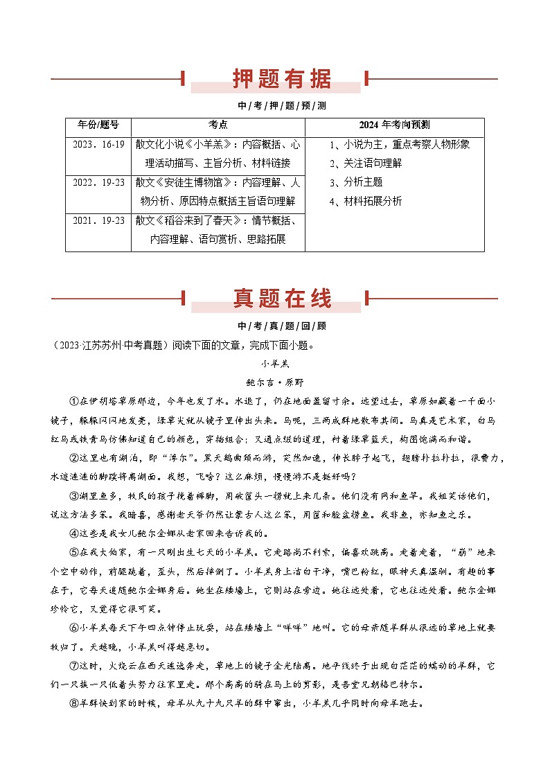 押苏州卷第16-19题 文学类文本阅读（小说、散文）-备战中考语文临考题号押题（江苏苏州专用）02