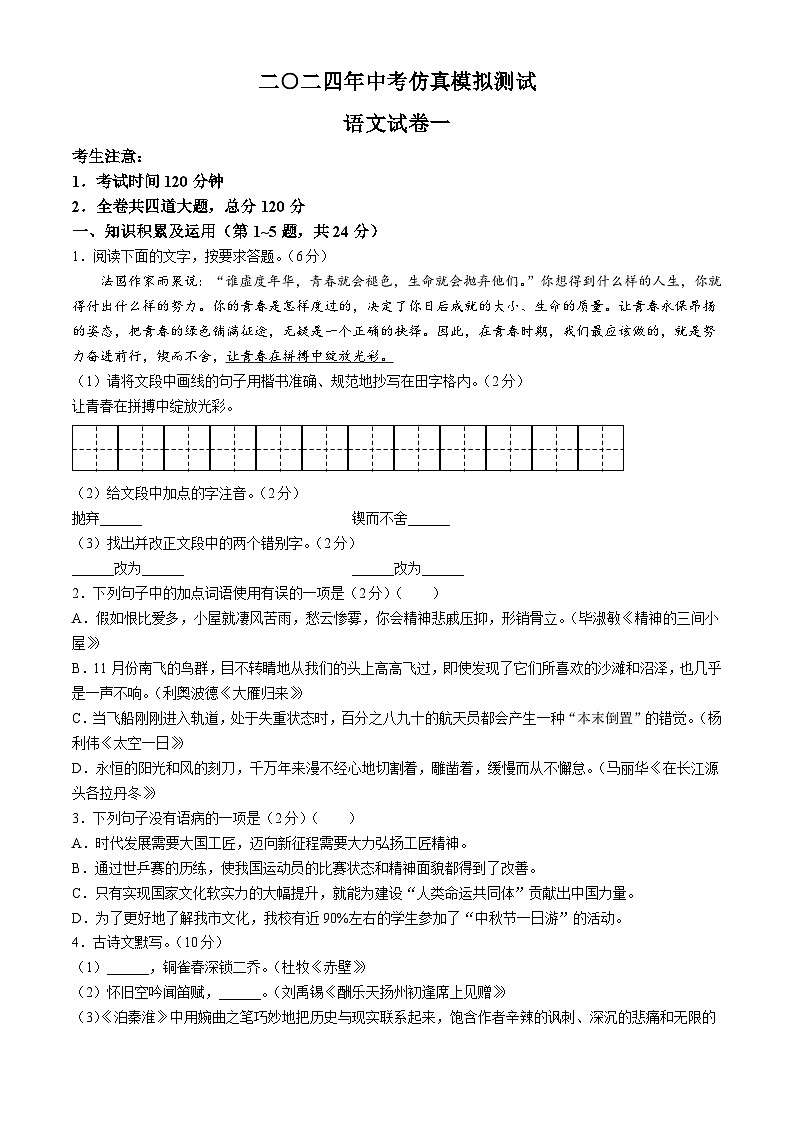 2024年黑龙江省双鸭山市部分学校中考二模语文试题01