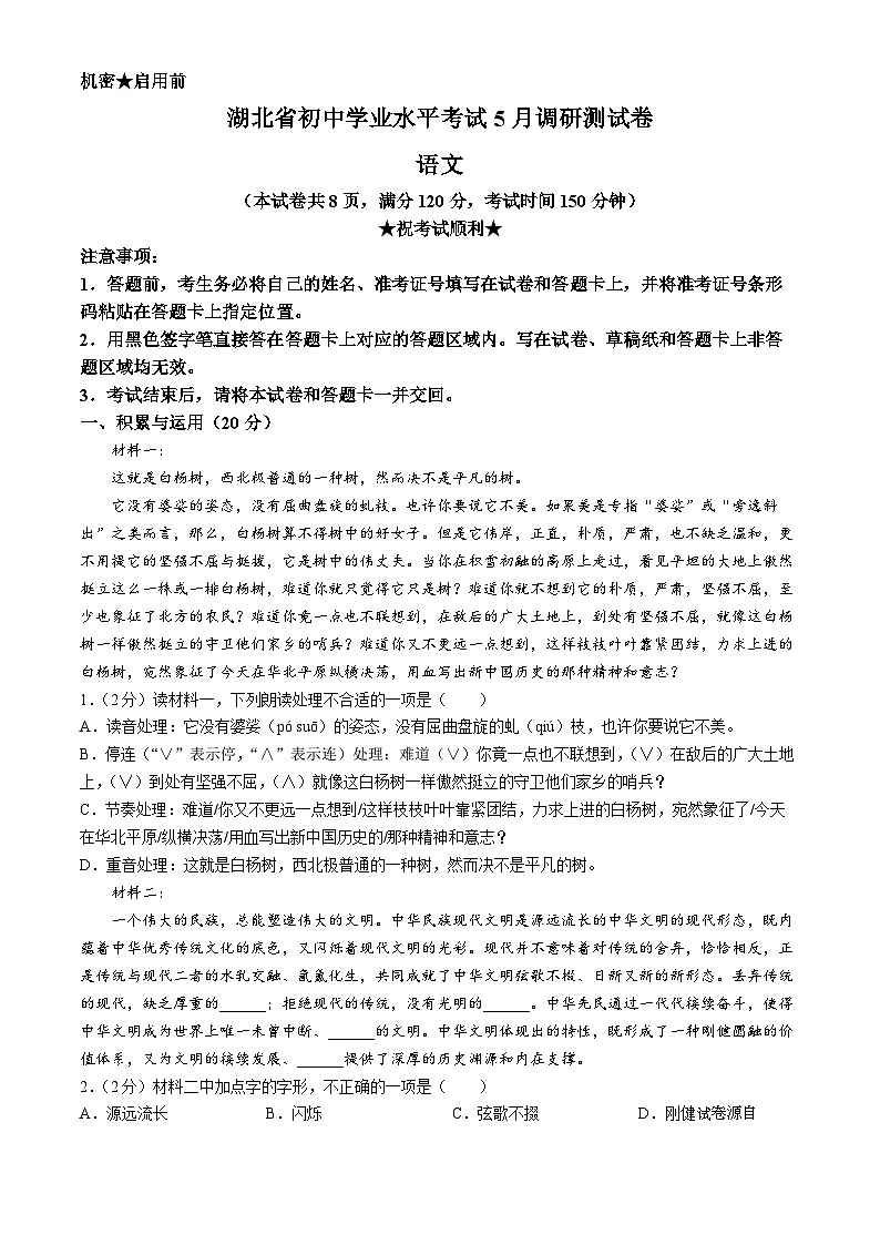 2024年湖北省十堰市郧西县中考模拟语文试题第1页