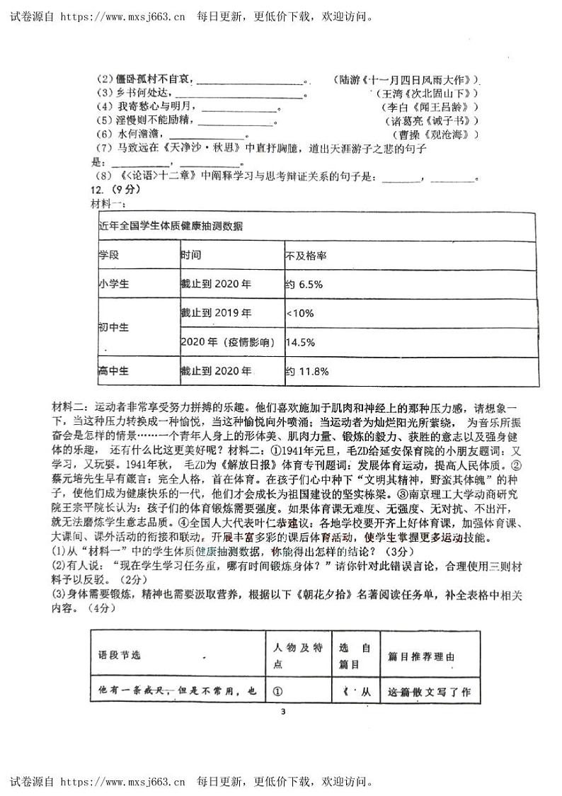 四川省绵阳市东辰学校2023—2024学年九年级下学期期中考试语文试题第3页