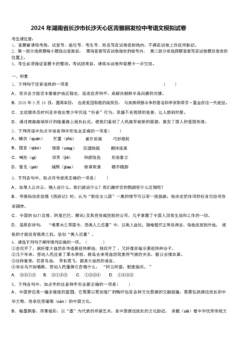 2024年湖南省长沙市长沙天心区青雅丽发校中考语文模拟试卷（解析版）01