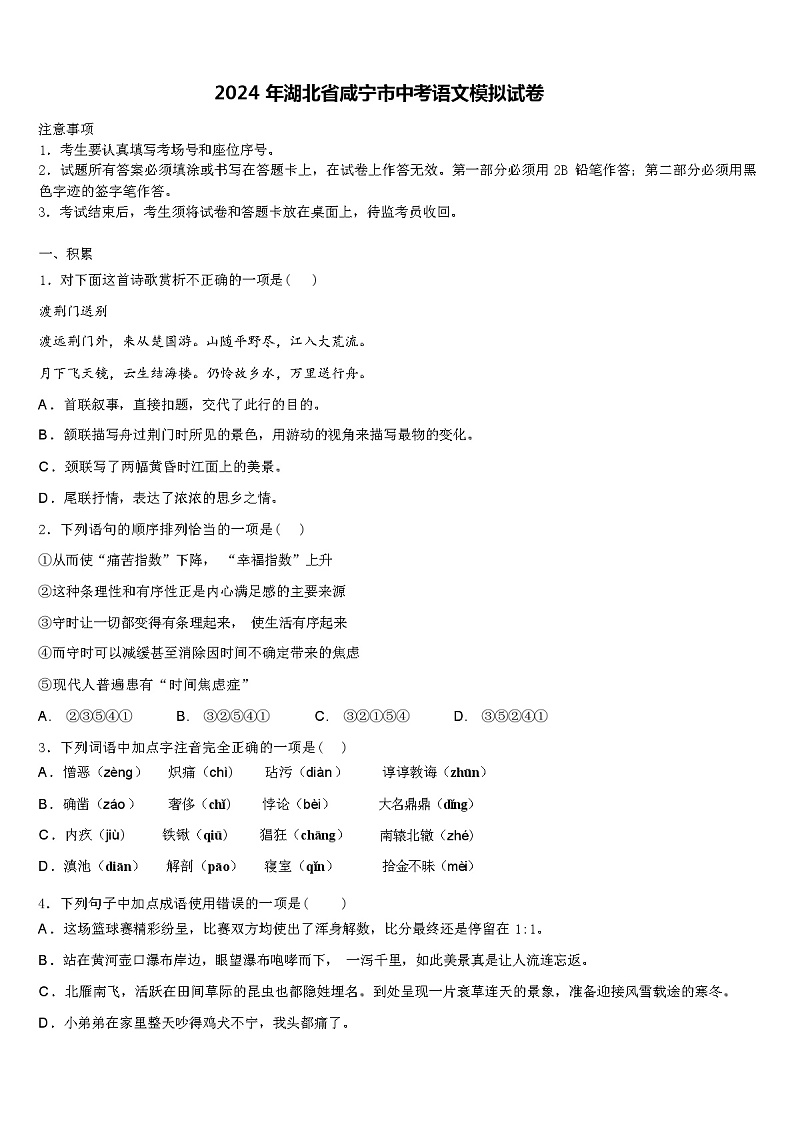2024年湖北省咸宁市中考语文模拟试卷含解析01