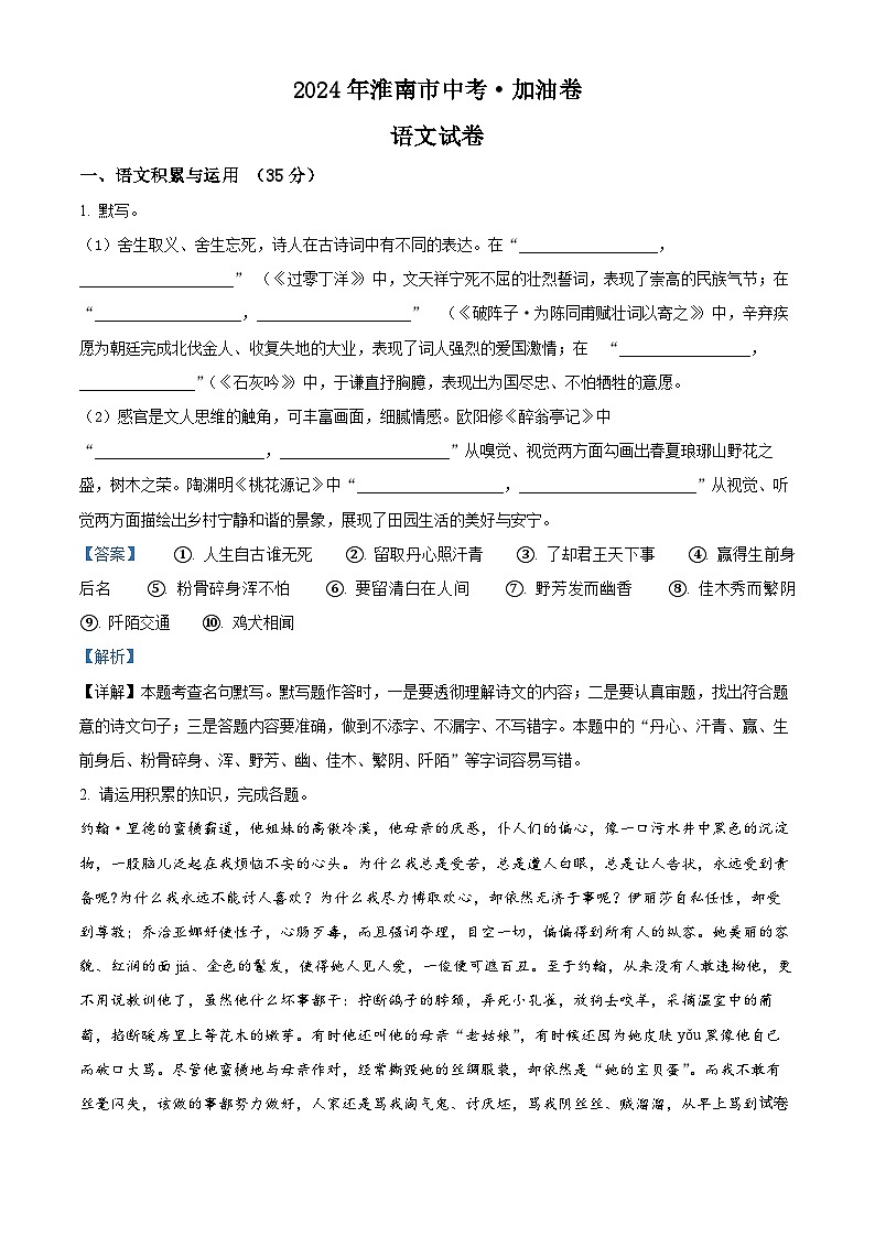 2024年安徽省淮南市中考模拟语文试题01