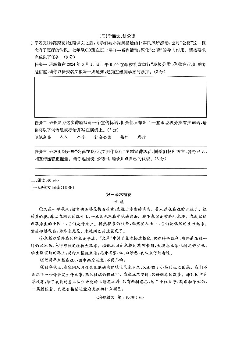 广西来宾市2023-2024学年七年级下学期语文6月月考试卷02