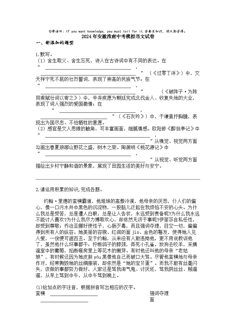 2024年安徽淮南中考模拟语文试卷01