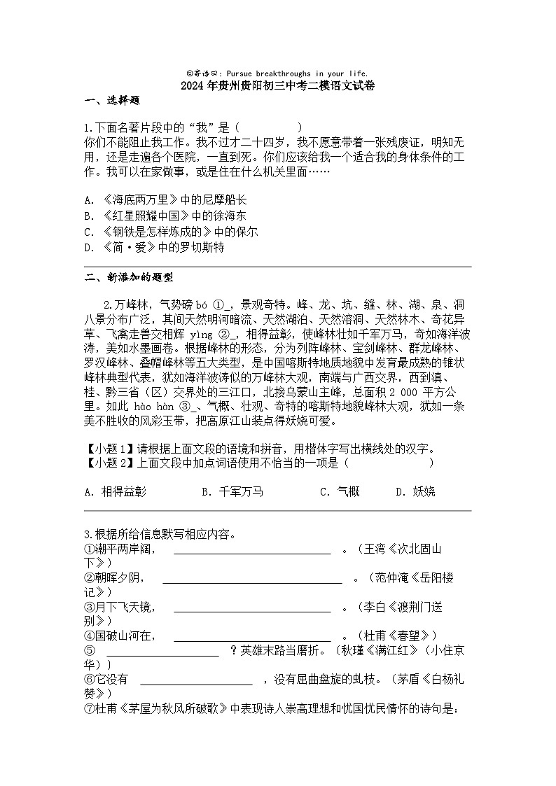 2024年贵州贵阳初三中考二模语文试卷01