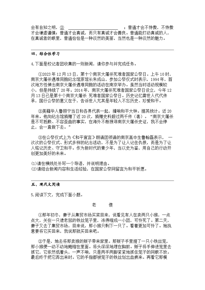 2024年河南周口川汇区川汇区第一初级中学中考模拟语文试卷02