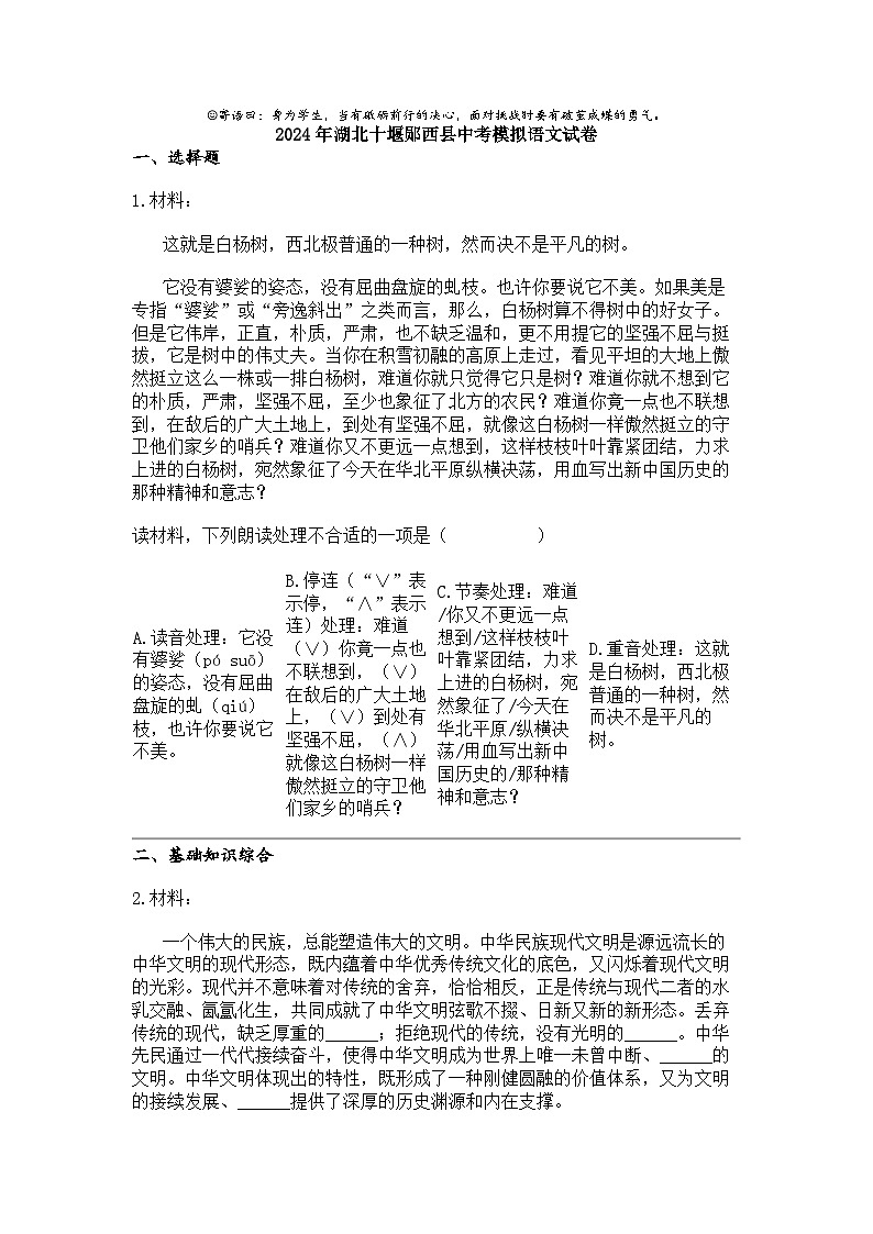 2024年湖北十堰郧西县中考模拟语文试卷01