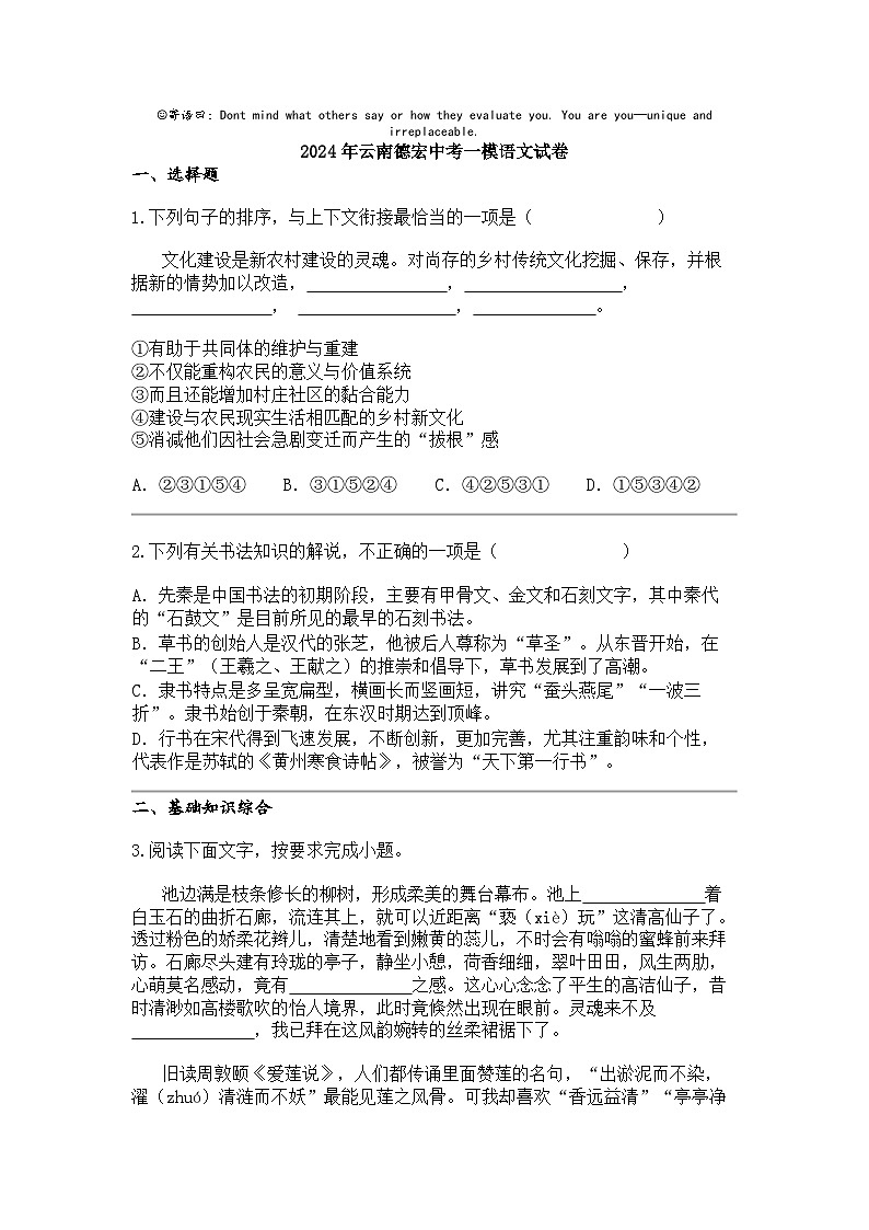 2024年云南德宏中考一模语文试卷01
