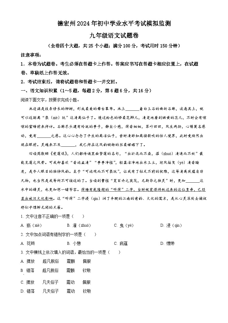 2024年云南省德宏州中考一模语文试题（原卷版+解析版）01