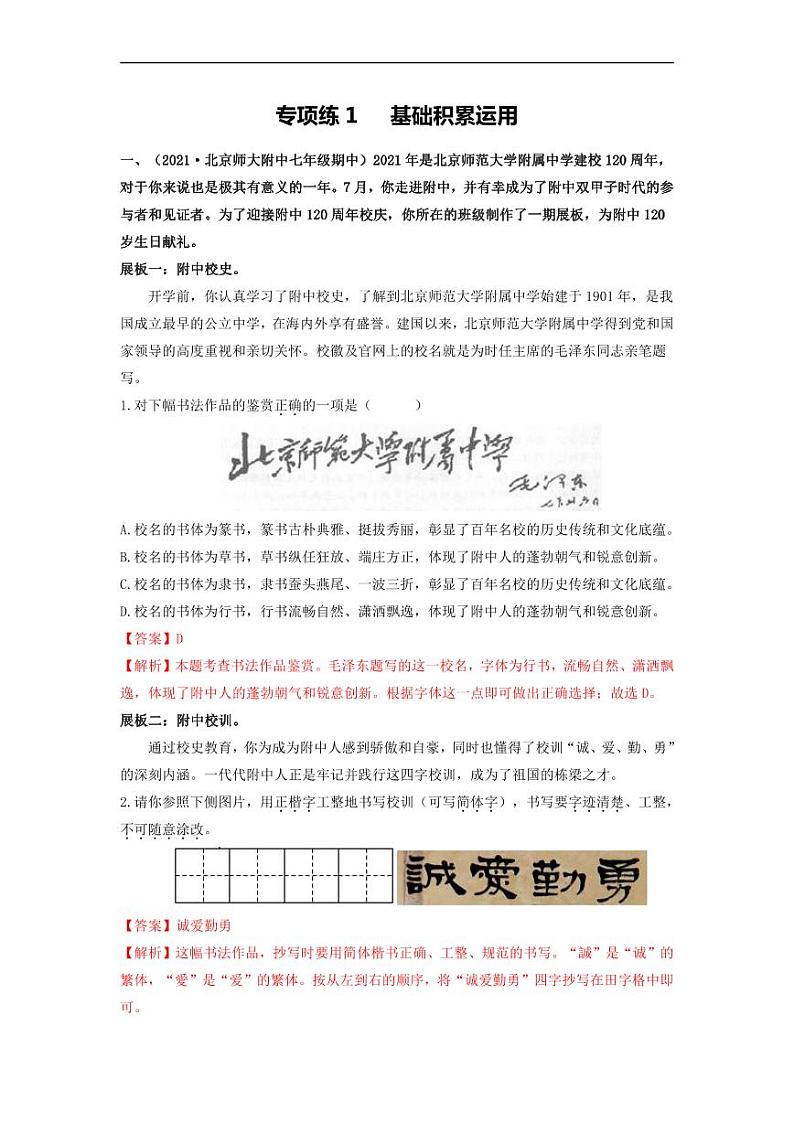 专项练1   基础积累运用（解析版）第1页