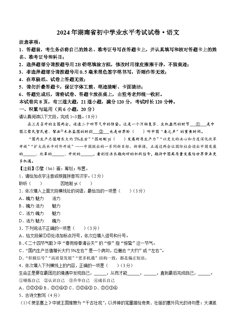 2024年湖南省益阳市桃江县多校联考中考三模语文试题（含答案）01