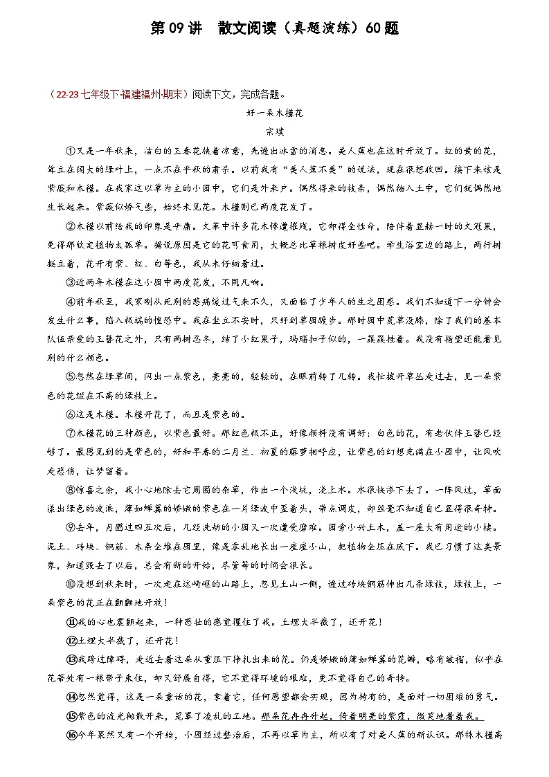 第09讲：记叙文之散文阅读（提分题）60题【真题演练】-2023-2024学年七年级语文下学期期末复习十二讲（统编版）（原卷版+解析版）01