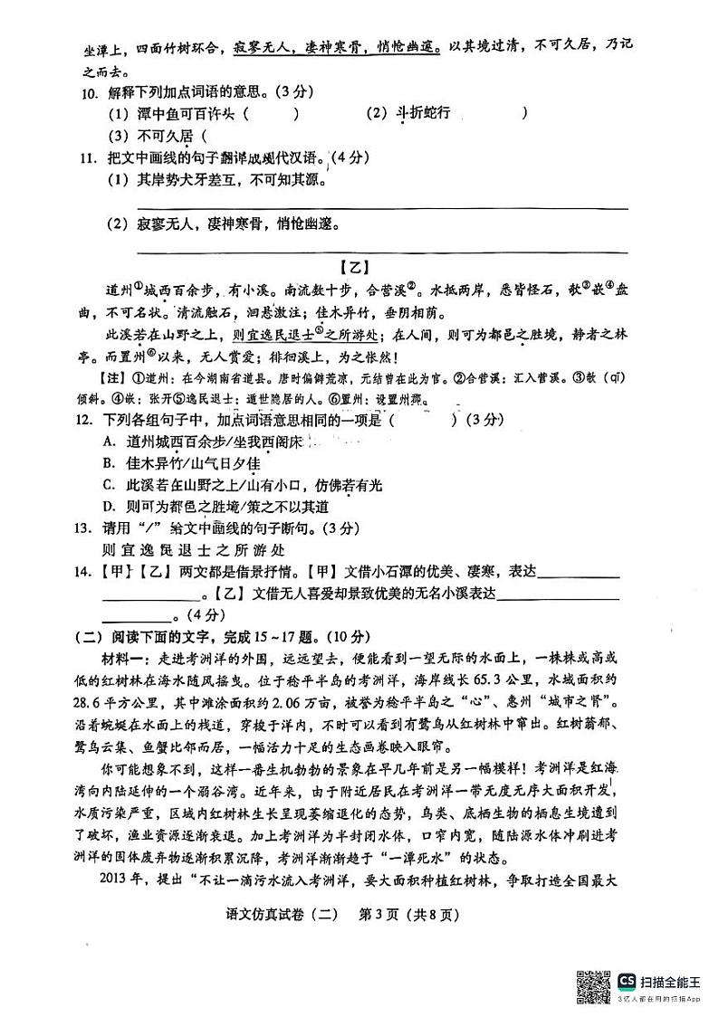 2024年广东省惠州市惠阳区半岛学校中考三模语文试题第3页