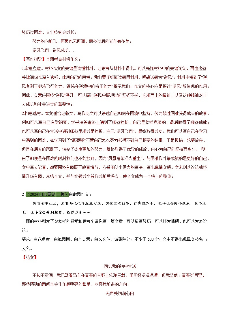 美文09：青春经历类材料作文（模拟精选，范文+写作指导）-2024年中考语文作文押题预测及素材积累02