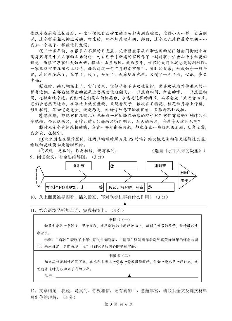 杭州市临平区树兰实验学校2023-2024学年第二学期6月八年级语文试题卷第3页