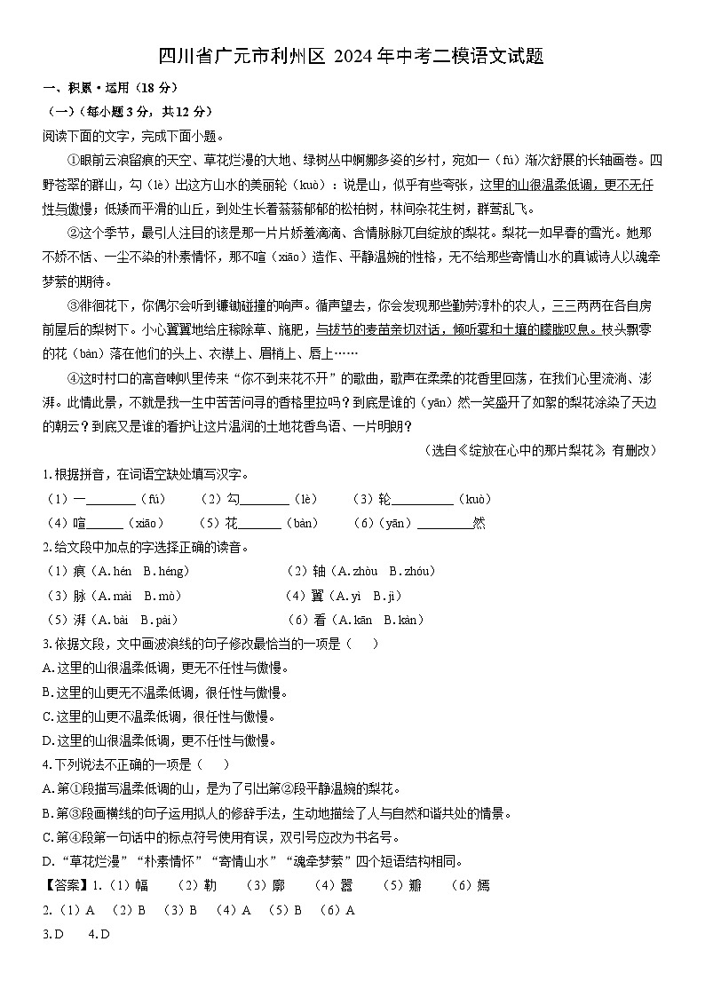 [语文]四川省广元市利州区2024年中考二模试题（解析版）第1页