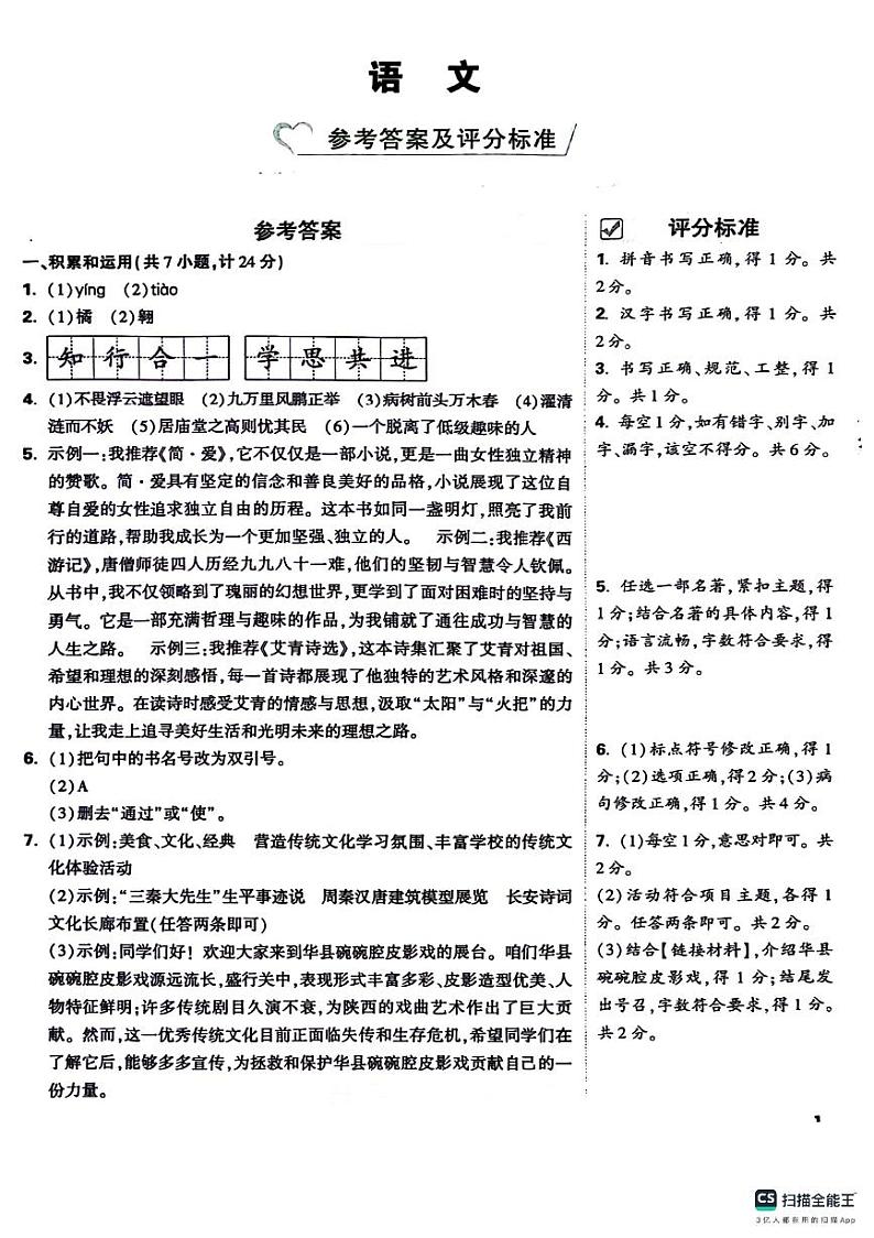 2024年陕西省咸阳市永寿县部分学校中考模拟语文试题01