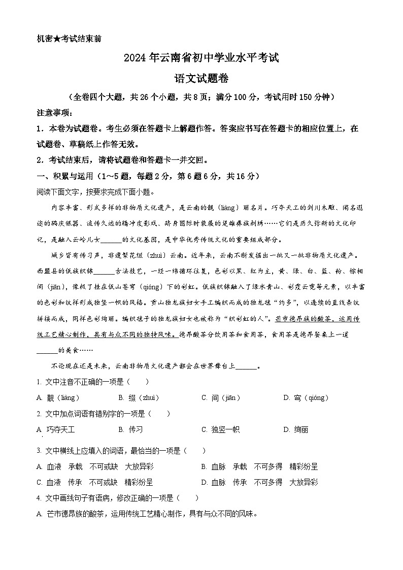 2024年中考真题：云南省语文试卷（解析版）01